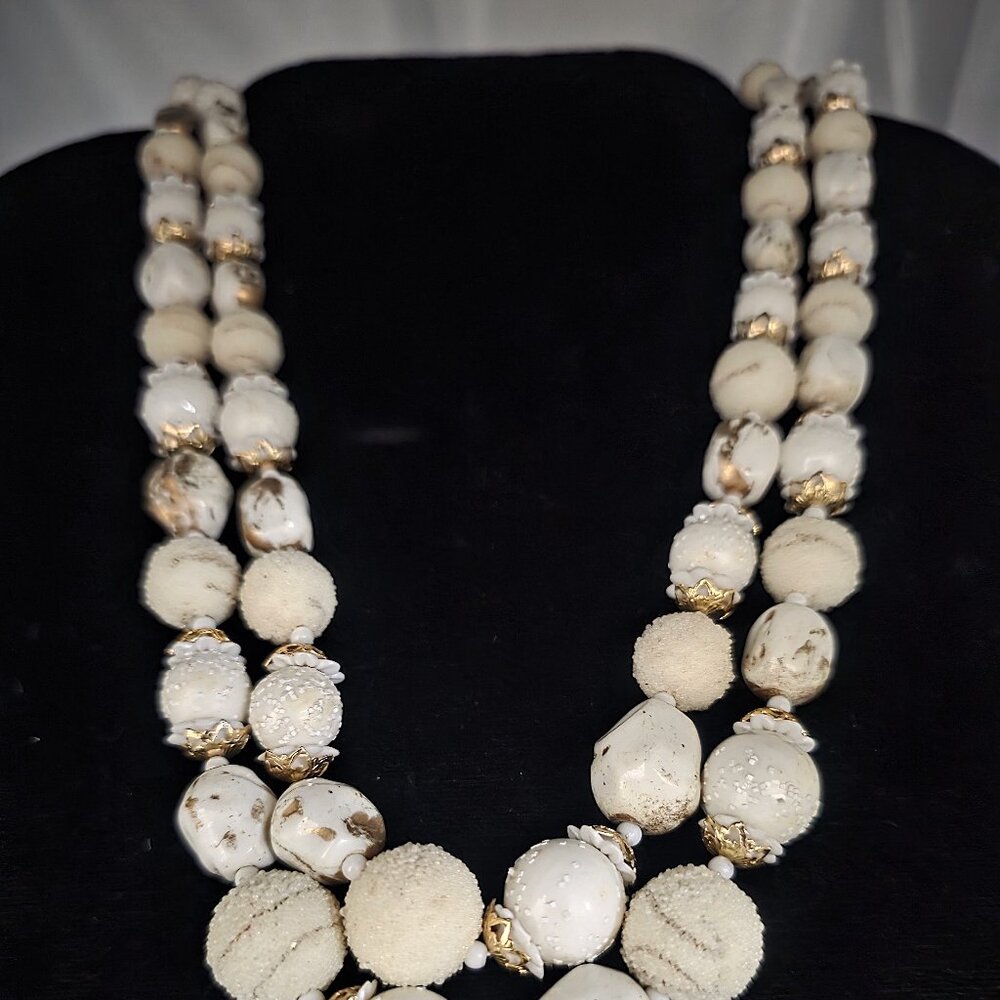 RARE! Vintage Creamy Sugar Bead & Gold Splatter Ceramic Bead 2-Strand Necklace